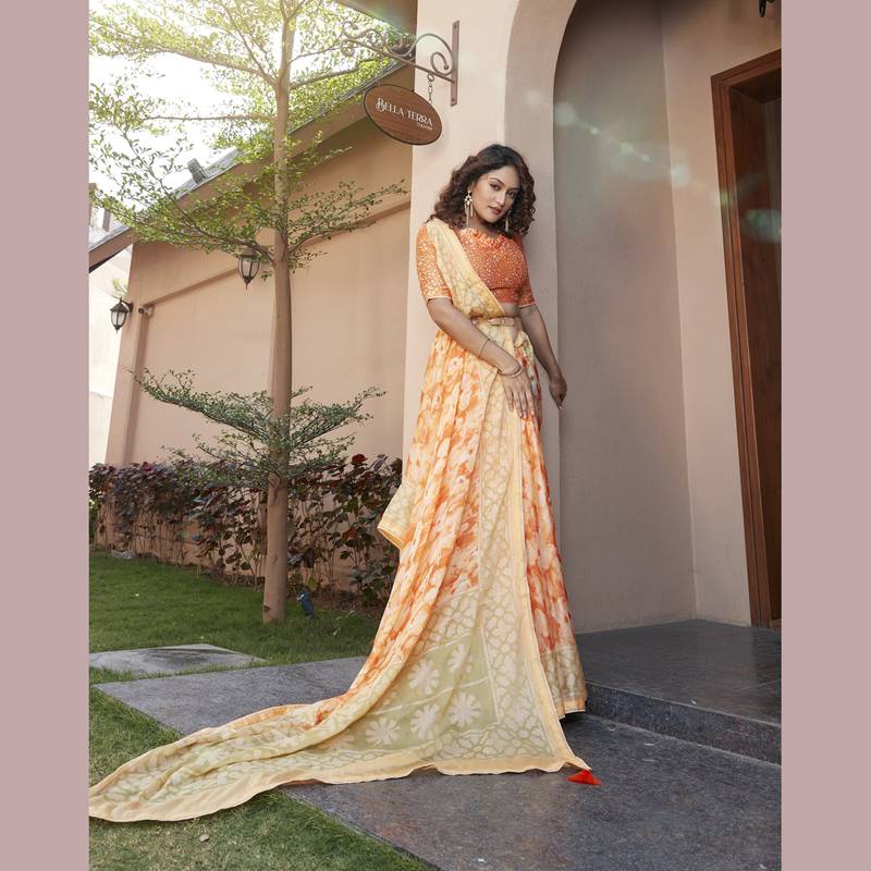 Orange embroidered pure chiffon saree with blouse