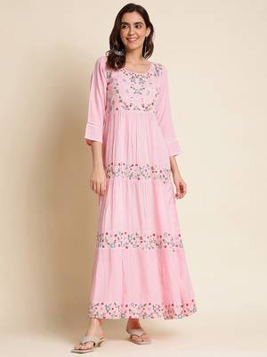 Pink Chinon Floral Embroidered Dress 1