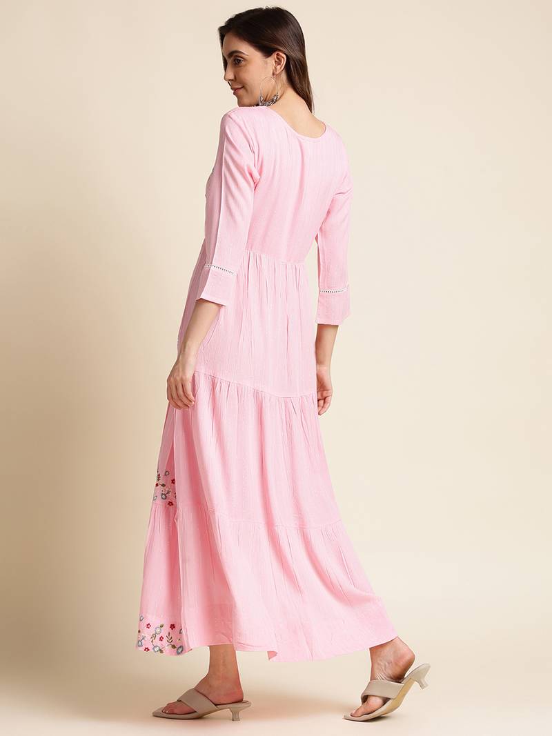 Pink Chinon Floral Embroidered Dress