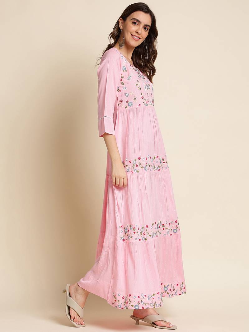 Pink Chinon Floral Embroidered Dress