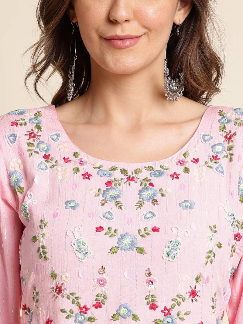 Pink Chinon Floral Embroidered Dress
