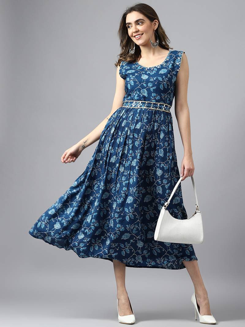 Blue Muslin Floral Printed Dress - MOHVOGUE - 4152841