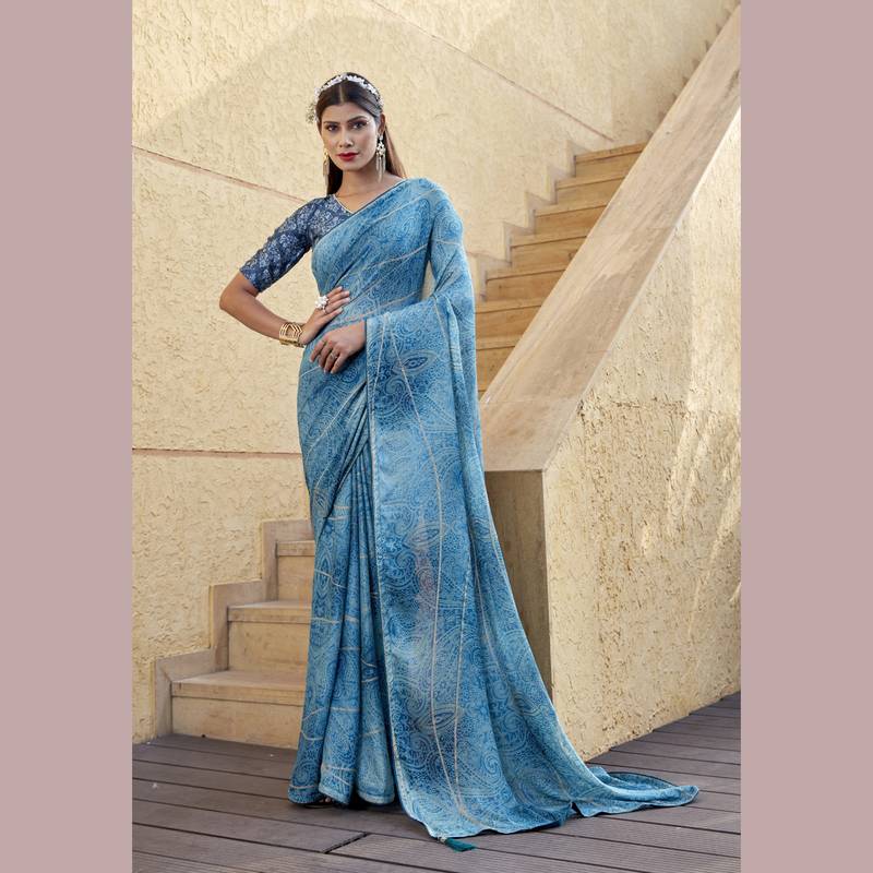 Blue embroidered chiffon saree with blouse
