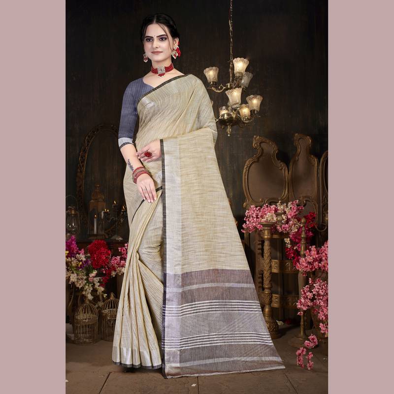 Beige woven cotton silk saree with blouse