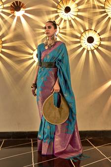 Blue woven silk blend saree with blouse