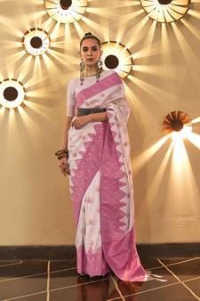 White woven silk blend saree with blouse