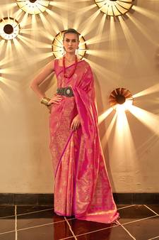 Pink Woven Silk Blend Saree With Blouse