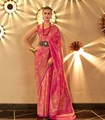 Pink Woven Silk Blend Saree With Blouse