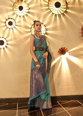 Turquoise Woven silk blend Saree With Blouse 1