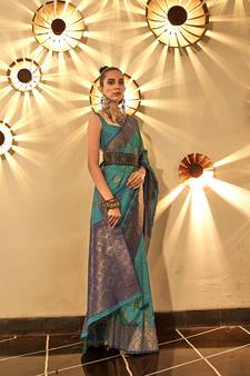 Turquoise Woven Silk Blend Saree With Blouse