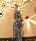 Turquoise Woven Silk Blend Saree With Blouse
