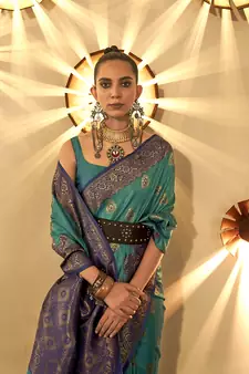 Turquoise Woven silk blend Saree With Blouse