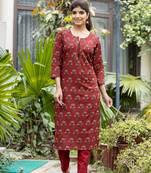 Red printed cotton long-kurtis