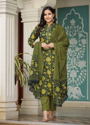 Green printed cotton long-kurtis 1