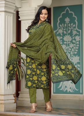 Green printed cotton long-kurtis 4