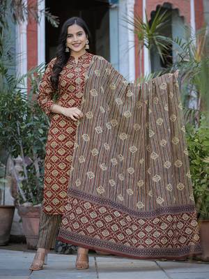 Maroon printed cotton long-kurtis 1