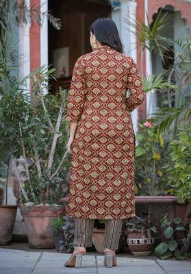 Maroon printed cotton long-kurtis 2