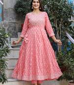 Pink printed cotton long-kurtis