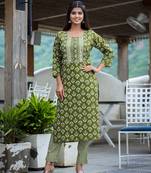 Green printed cotton long-kurtis