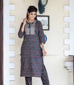 Blue printed cotton long-kurtis