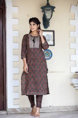 Brown printed cotton long-kurtis 1