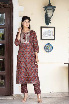 Red printed cotton long-kurtis 1