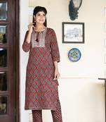 Red printed cotton long-kurtis