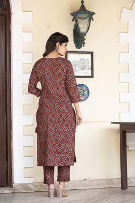 Red printed cotton long-kurtis 2