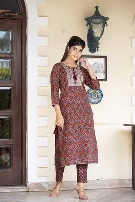 Red printed cotton long-kurtis 3
