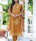 Mustard embroidered chanderi long-kurtis