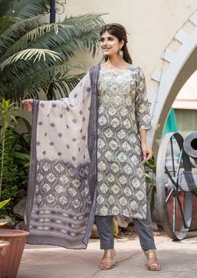 Grey embroidered silk long-kurtis 1