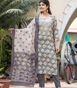 Grey embroidered silk long-kurtis