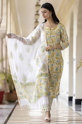 Yellow embroidered cotton long-kurtis 1