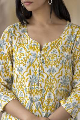 Yellow embroidered cotton long-kurtis 5
