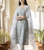Grey embroidered cotton long-kurtis