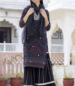 Black embroidered cotton long-kurtis