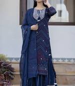 Navy-blue embroidered cotton long-kurtis