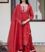 Red embroidered cotton long-kurtis