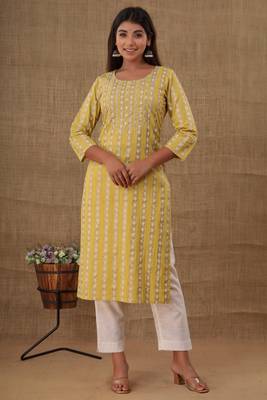 Yellow embroidered cotton long-kurtis 1