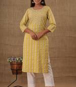 Yellow embroidered cotton long-kurtis