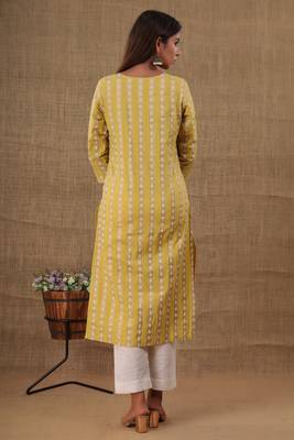 Yellow embroidered cotton long-kurtis 2