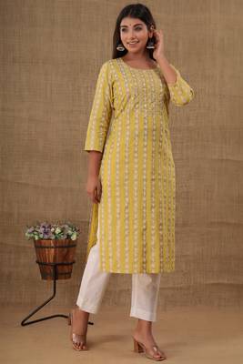 Yellow embroidered cotton long-kurtis 3