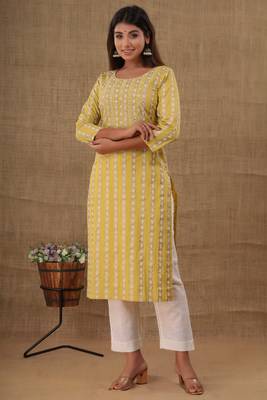 Yellow embroidered cotton long-kurtis 4