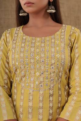 Yellow embroidered cotton long-kurtis 5