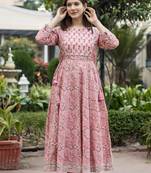 Pink embroidered cotton long-kurtis