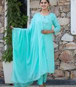 Green plain cotton long-kurtis