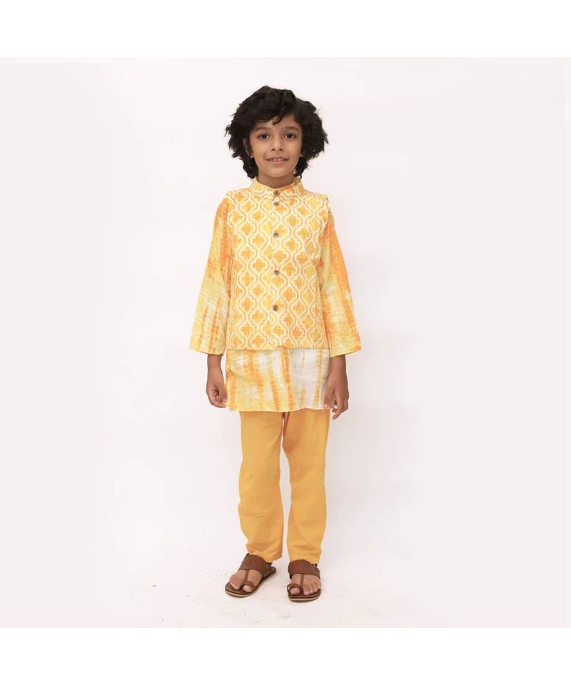 Yellow Tie-dye Cotton Kurta pajama with Nehru Jacket