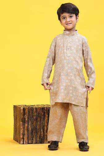 Brown woven cotton boys-kurta-pyjama