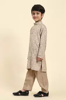 Brown woven cotton boys-kurta-pyjama