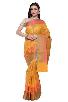 Yellow woven art silk saree with blouse